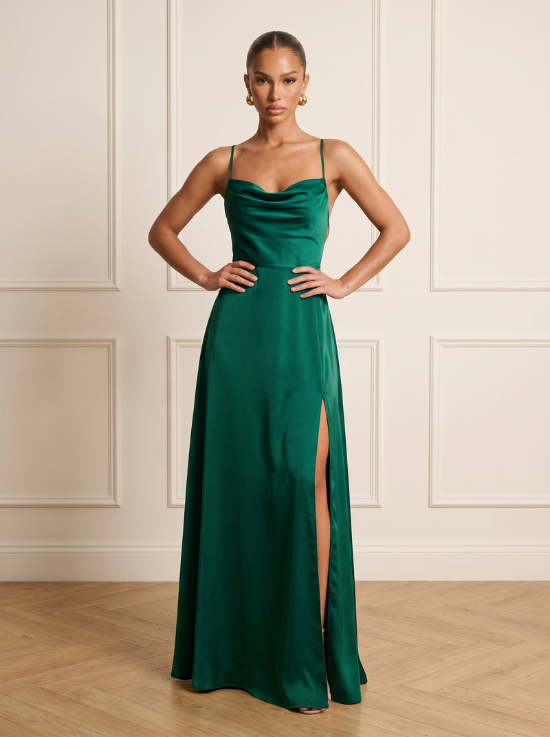 Misha Emerald Silk Maxi Dress with Draped Neckline